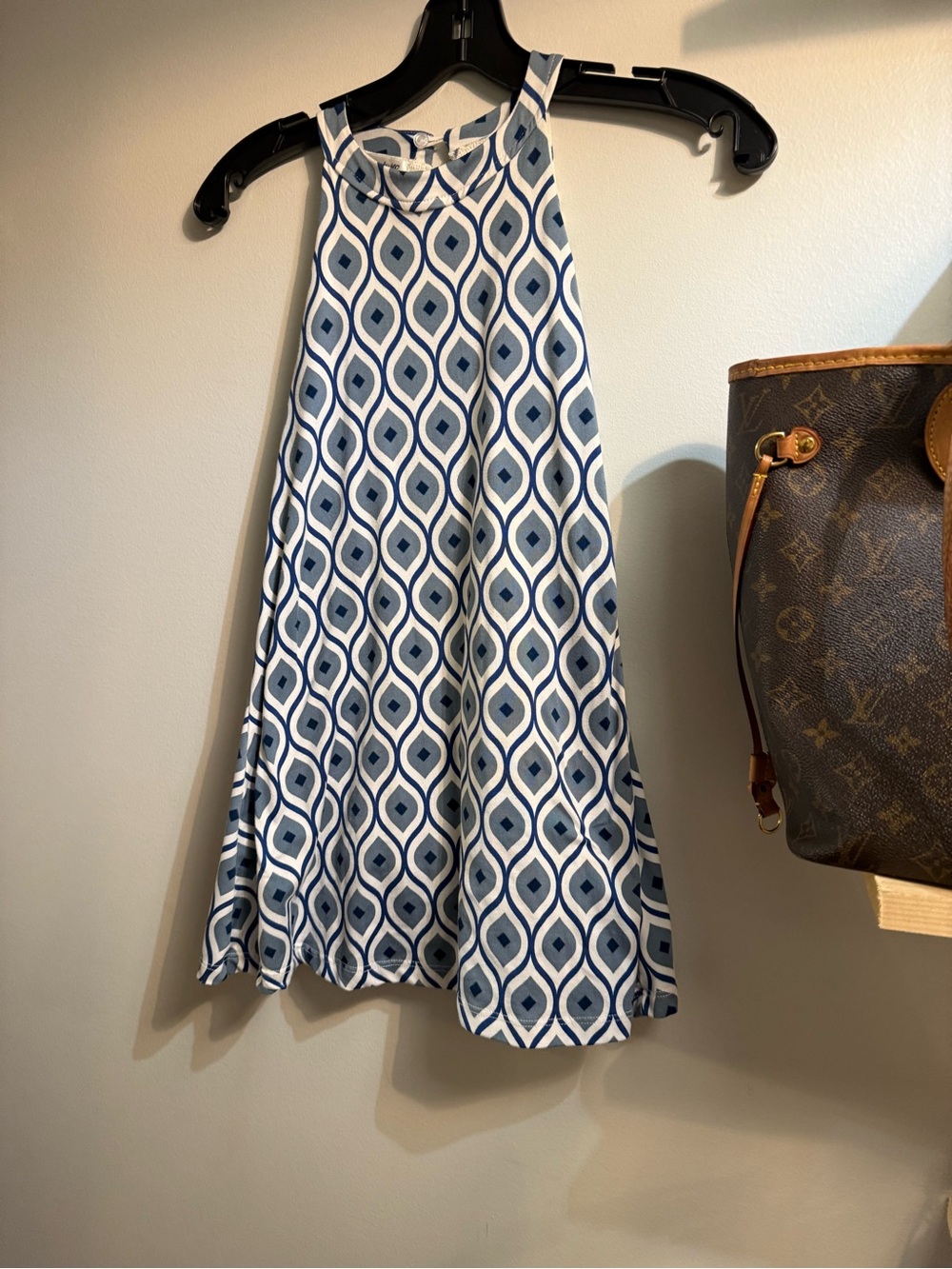 Girls Navy & White Geometric Halter Swing Dress